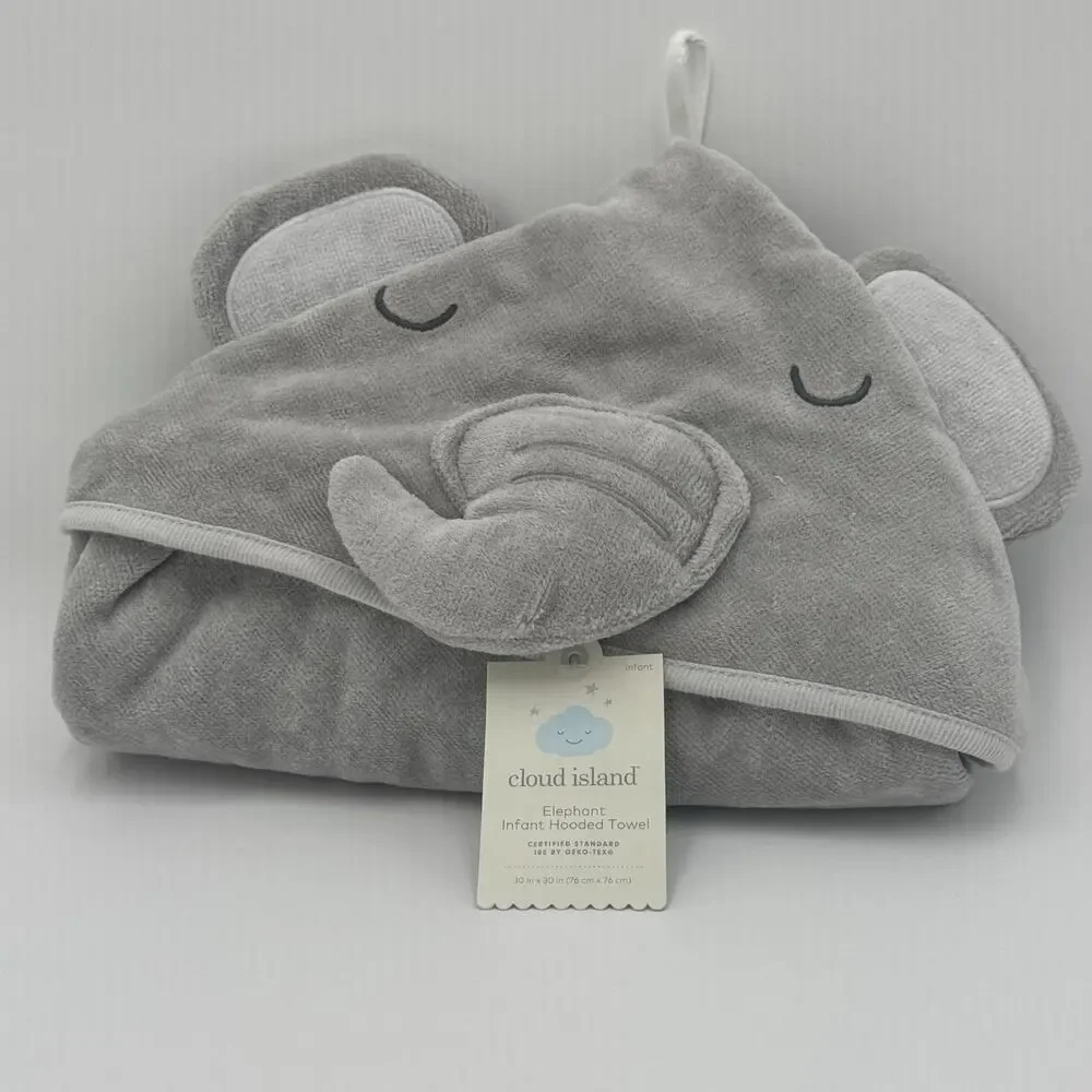 Cloud Island Baby‎ Hooded Towel Gray Elephant 30x30 Cotton Terry Bath Wrap NEW